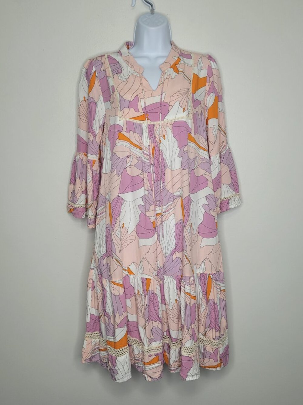 Sweet Salt white purple orange abstract shape artsy date church 3/4 sleeve dress